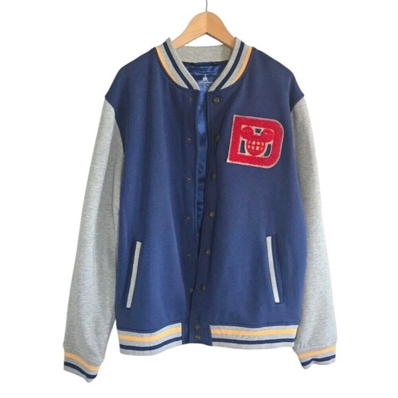 Vintage Disney Parks 1971 Letterman Jacket Unisex Large Blue Snap Button Pockets